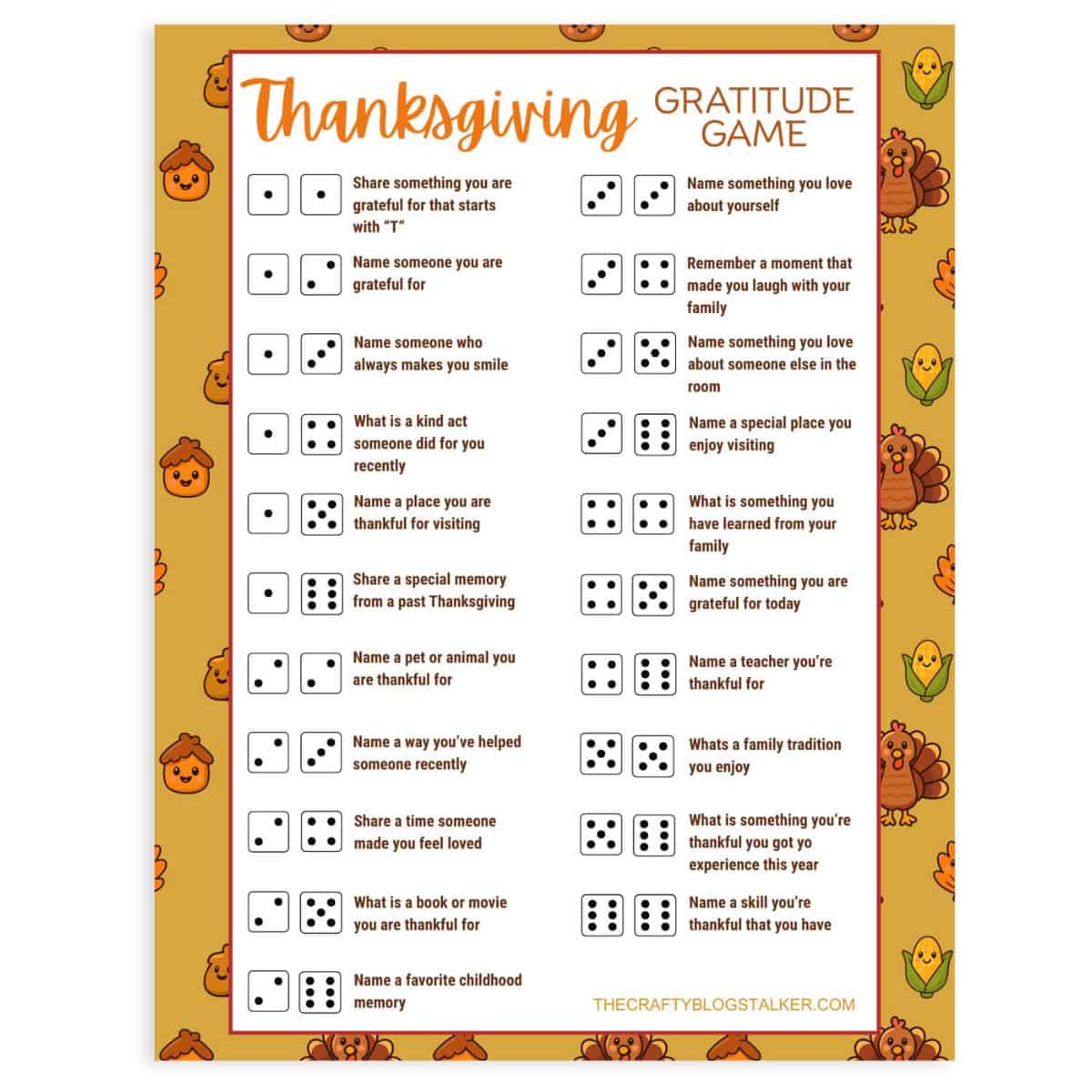 Printable Thanksgiving Gratitude Game with dice roll prompts to share thankful moments, featuring a festive border with turkeys, leaves, and acorns.