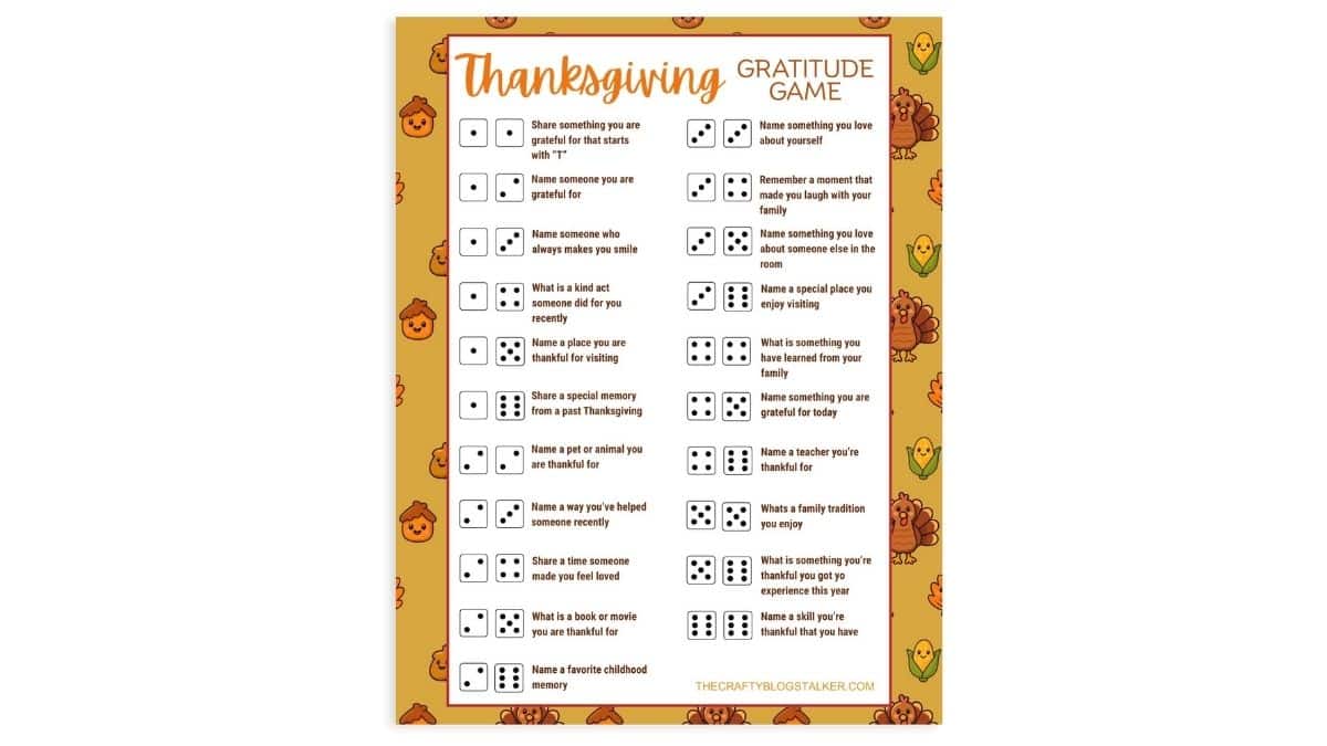 Printable Thanksgiving Gratitude Game with dice prompts to share things you're thankful for, surrounded by a cute fall border with turkeys and acorns.