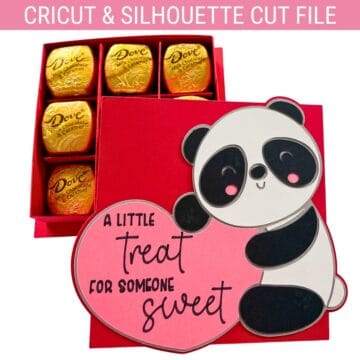 A red gift box filled with Dove chocolates, decorated with a cute panda holding a pink heart that says “A little treat for someone sweet.”