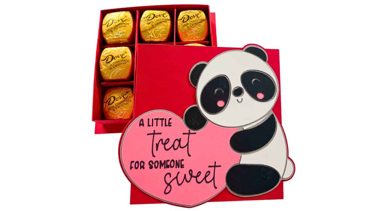 A red gift box filled with Dove chocolates, decorated with a cute panda holding a pink heart that says