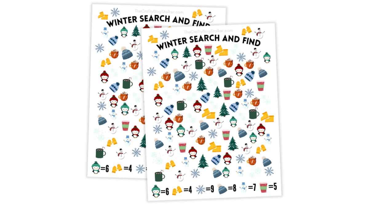 Printable Winter Search and Find activity sheets with colorful icons like snowmen, mittens, mugs, trees, and snowflakes for a fun seasonal kids' game.