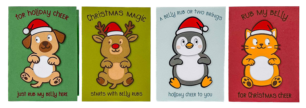 Four cute holiday cards featuring a dog, reindeer, penguin, and cat in Santa hats, each with a white “belly rub” spot and festive greetings.