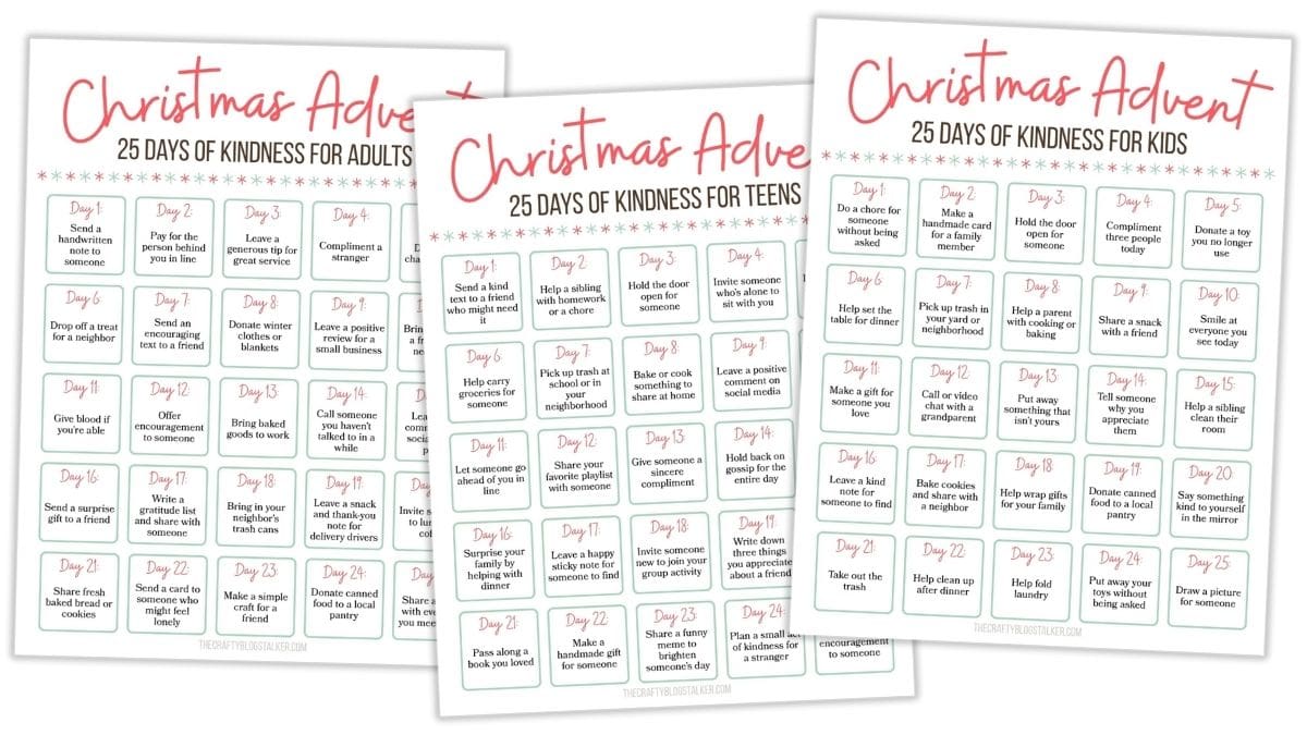 Christmas advent printables showing three 