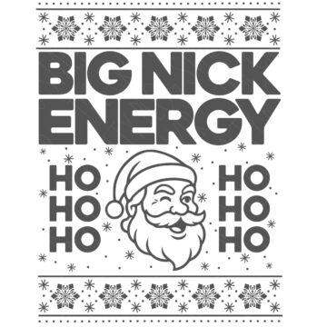 Holiday SVG design with the phrase “Big Nick Energy,” a winking Santa illustration, repeated “Ho Ho Ho,” snowflakes, and sweater-style decorative borders.