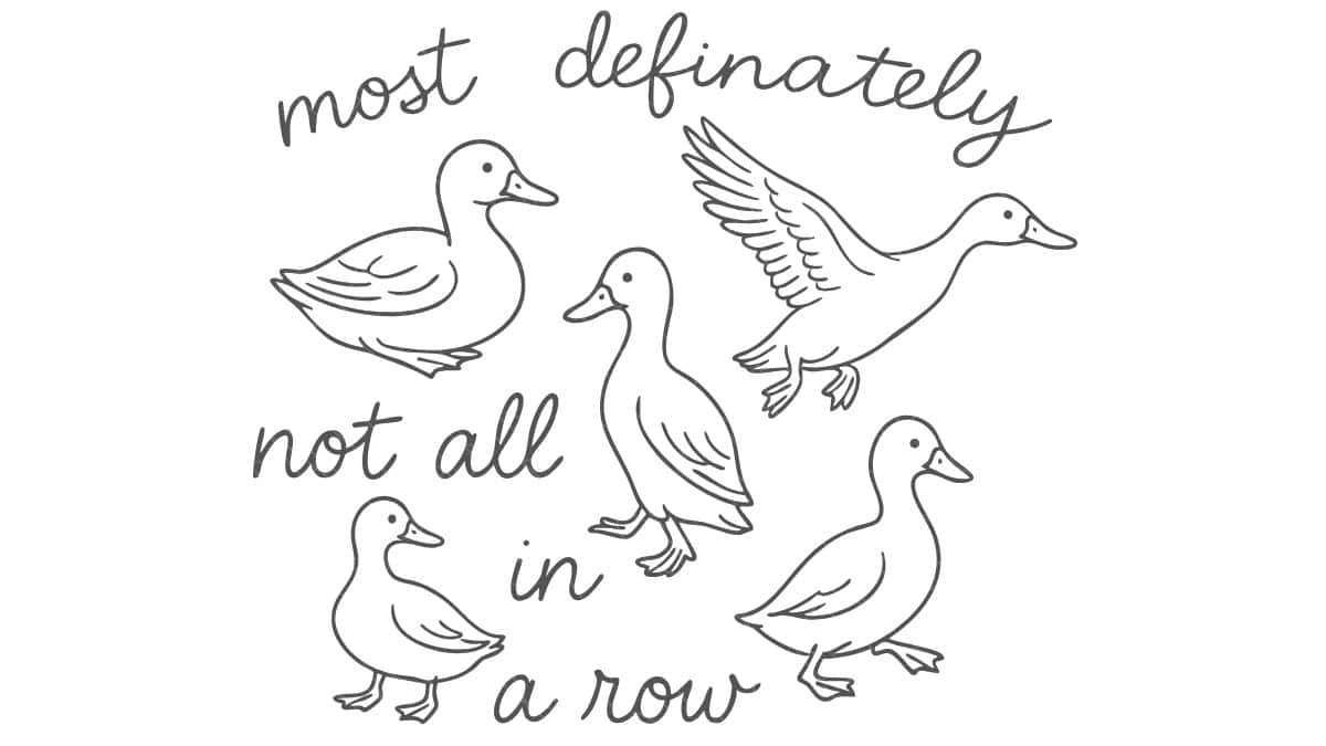 A whimsical duck illustration featuring five ducks in different poses arranged around the phrase