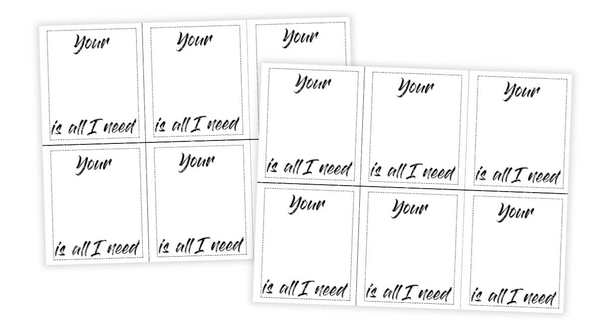 Printable jewelry display cards arranged in two sheets, each card featuring a blank space in the center with the phrase 