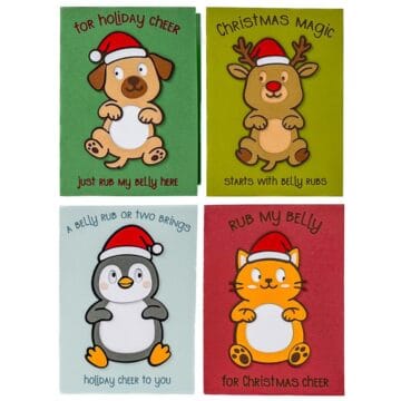 Four handmade Christmas cards featuring cute cartoon animals in Santa hats, each designed with a belly rub theme and playful holiday messages.