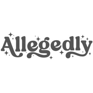 Stylized word “Allegedly” in a playful script font with decorative sparkles and flourishes around the letters.