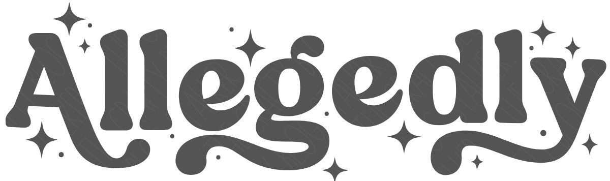 Stylized word “Allegedly” in a playful script font with decorative sparkles and flourishes around the letters.