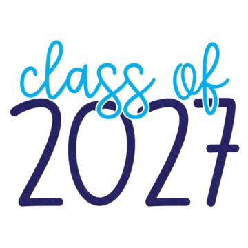 Hand-lettered “Class of 2027” design with playful script lettering above large bold numbers on a clean white background.