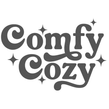 Decorative “Comfy Cozy” phrase design with playful lettering and small sparkle accents, shown as a digital graphic suitable for Cricut or craft projects.
