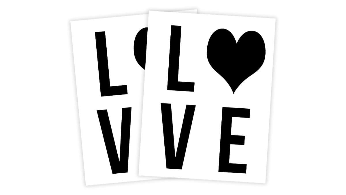 Printable LOVE banner templates showing letters L, V, E and a heart icon, arranged on two overlapping pages ready for cutting and crafting.