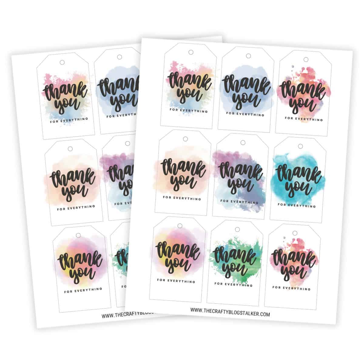 Printable sheets of watercolor-style thank you gift tags arranged on two pages, each tag featuring hand-lettered thank you designs ready to cut out.