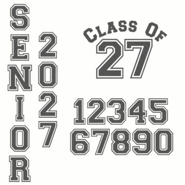 Graphic showing senior 2027 and class of 27 designs with large varsity-style numbers and stacked SENIOR lettering.