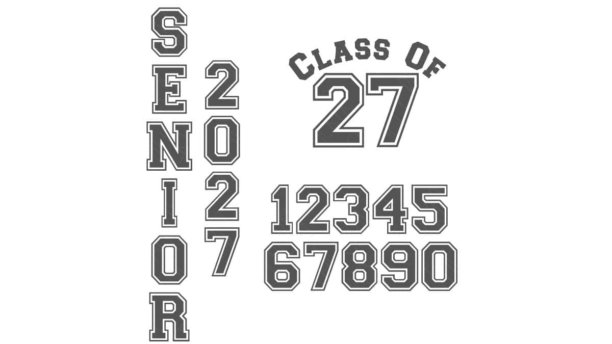 Graphic showing senior 2027 and class of 27 designs with large varsity-style numbers and stacked SENIOR lettering.