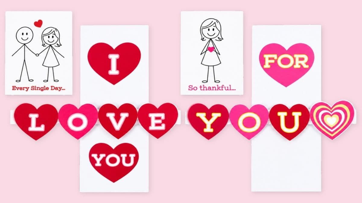 Valentine card bundle with pink and red hearts, stick figure illustrations, and 