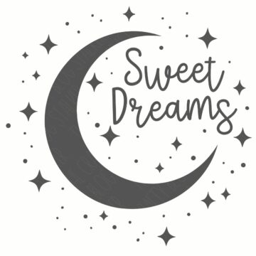 Sweet Dreams design with a crescent moon surrounded by stars and dots, featuring hand-lettered text in a nighttime theme.