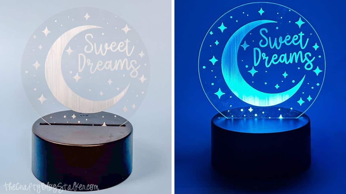 Side-by-side view of an engraved acrylic night light with crescent moon and 