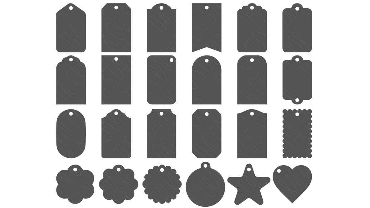 Collection of gray gift tag shapes with small hole cutouts, including rectangle, scalloped, round, star, and heart styles arranged in rows on a light background.