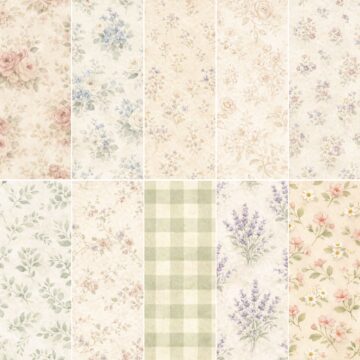 Set of decorative scrapbook papers featuring soft floral, botanical, and gingham patterns arranged in a grid for cottagecore style craft projects.