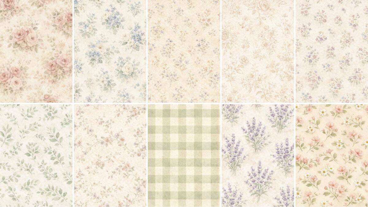 Set of decorative scrapbook papers featuring soft floral, botanical, and gingham patterns arranged in a grid for cottagecore style craft projects.