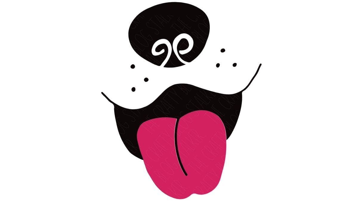 Simple dog face SVG design with black nose, whiskers, and a bright pink tongue, styled for Cricut or Silhouette craft projects.
