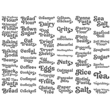 Collection of retro-style pantry label words like flour, sugar, rice, pasta, tea, beans, and baking ingredients arranged as vintage lettering for pantry organization.