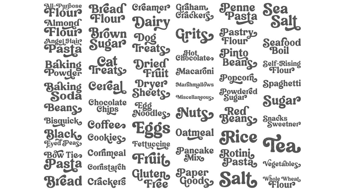 Collection of retro-style pantry label words like flour, sugar, rice, pasta, tea, beans, and baking ingredients arranged as vintage lettering for pantry organization.