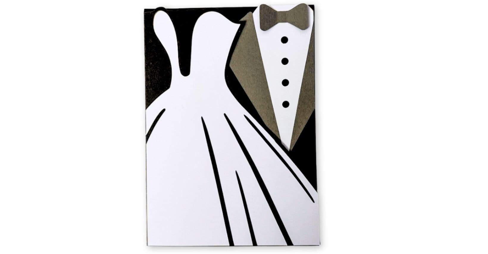 Black and white card design featuring a bride's dress and groom's tuxedo with bow tie and buttons, styled as a wedding-themed Cricut paper craft.