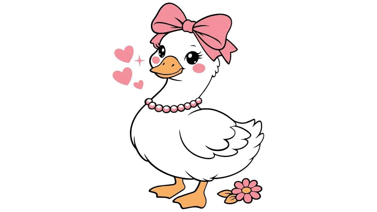 Cute cartoon goose with a bow, necklace, and hearts, standing beside a flower on a light background.