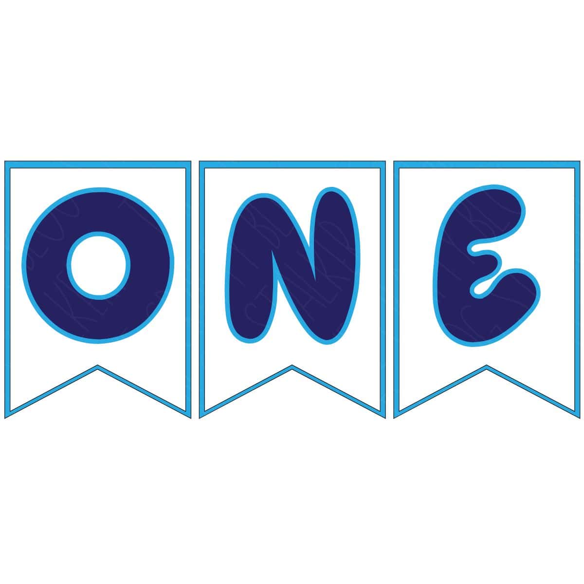 Three pennant banner pieces with letters spelling 