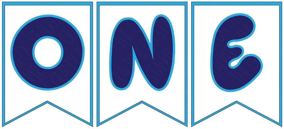 Three pennant banner pieces with letters spelling “ONE” in bold blue lettering on a light background.
