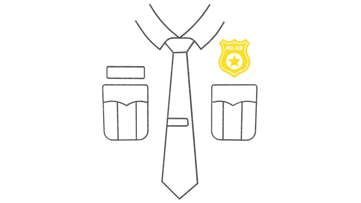 Minimal line art of a police uniform with tie, pockets, and a badge, designed as an SVG cut file for crafting projects
