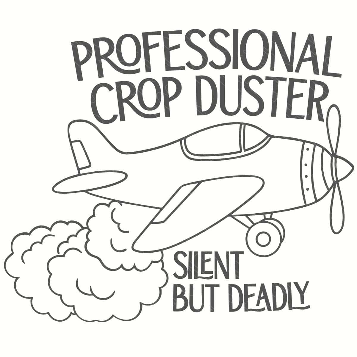 Black line art of a propeller airplane with text reading 