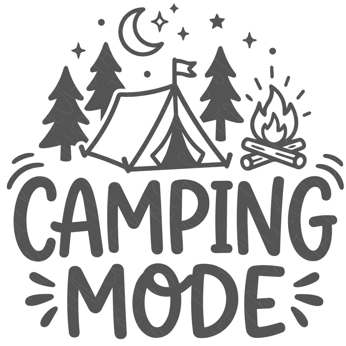 Camping mode SVG design with a tent, campfire, pine trees, moon, and stars above the words 