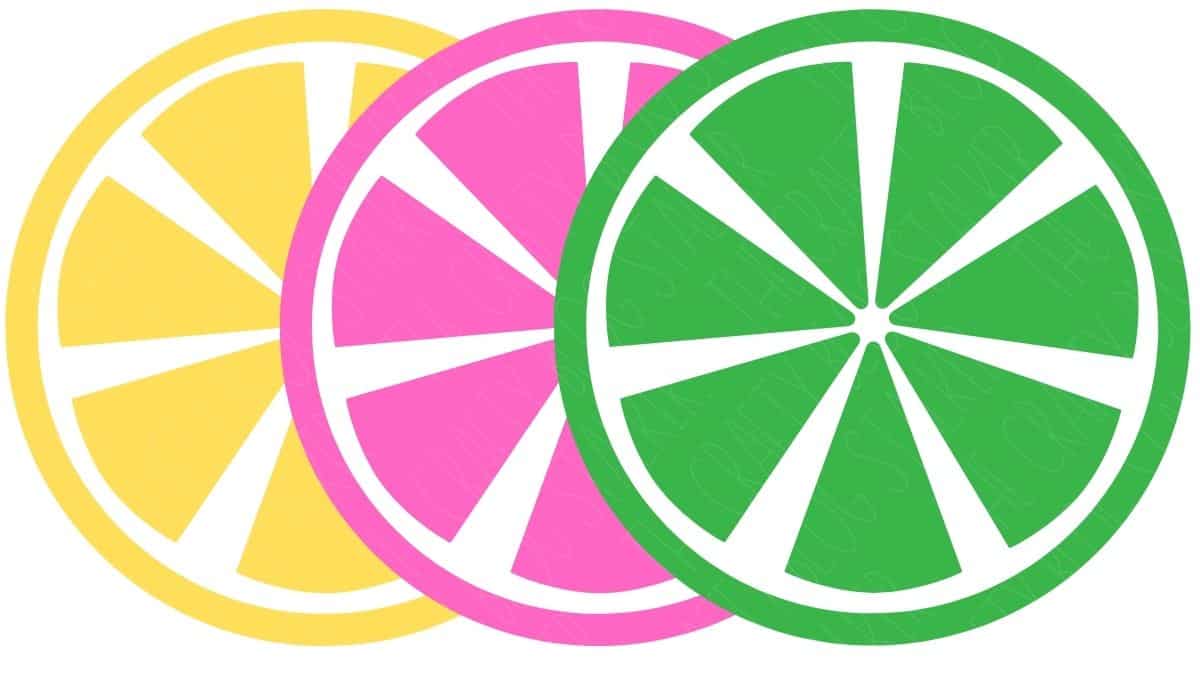 Yellow, pink, and green citrus slice SVG coaster designs overlapping on a light gray background.