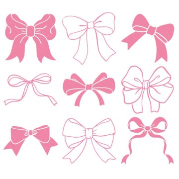 Collection of pink coquette bow SVG designs in different styles and shapes on a white background for Cricut and Silhouette projects.