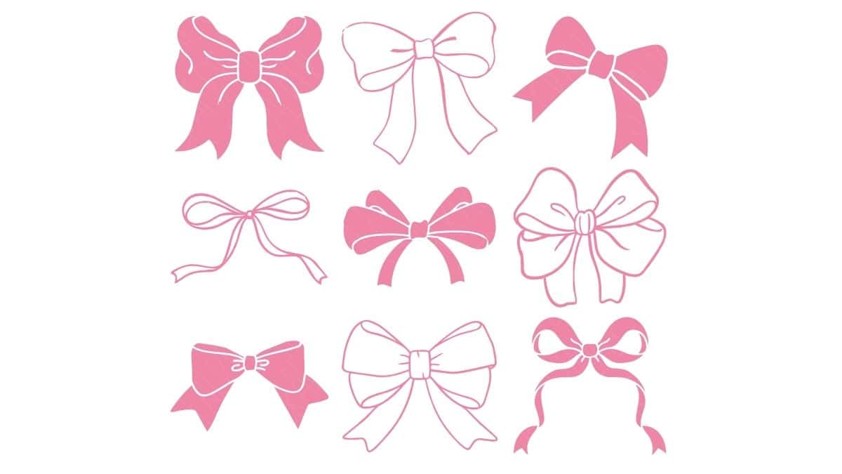 Collection of pink coquette bow SVG designs in different styles and shapes on a white background for Cricut and Silhouette projects.