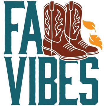 Fall Vibes SVG design with teal text, brown cowboy boots, and orange leaves on a light background.