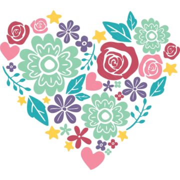 Colorful layered floral heart SVG design with flowers, leaves, stars, and hearts arranged in a heart shape on a light background.