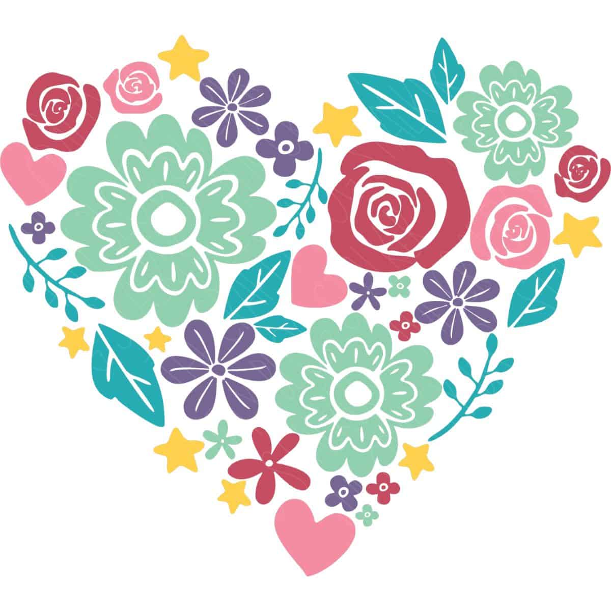 Colorful layered floral heart SVG design with flowers, leaves, stars, and hearts arranged in a heart shape on a light background.