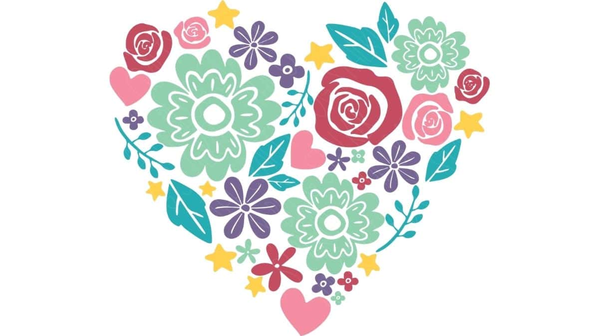 Colorful layered floral heart SVG design with flowers, leaves, stars, and hearts arranged in a heart shape on a light background.