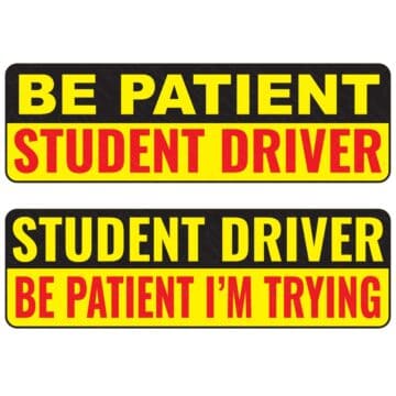 Student Driver warning sign SVG designs with bold yellow, red, and black text for Cricut and Silhouette crafting projects.
