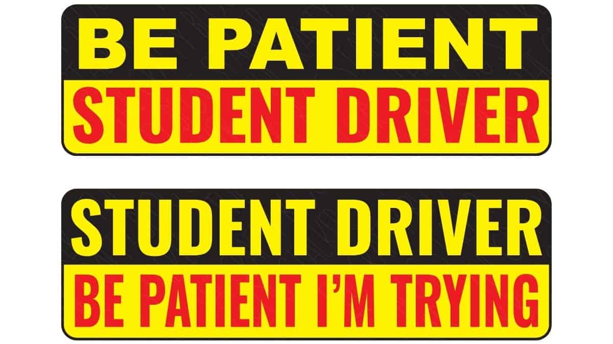 Student Driver warning sign SVG designs with bold yellow, red, and black text for Cricut and Silhouette crafting projects.