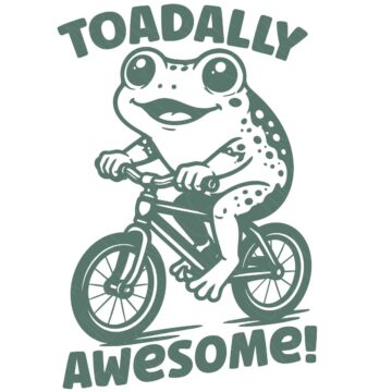 Toadally Awesome design featuring a cartoon frog riding a bicycle with playful text for Cricut and Silhouette crafting projects.