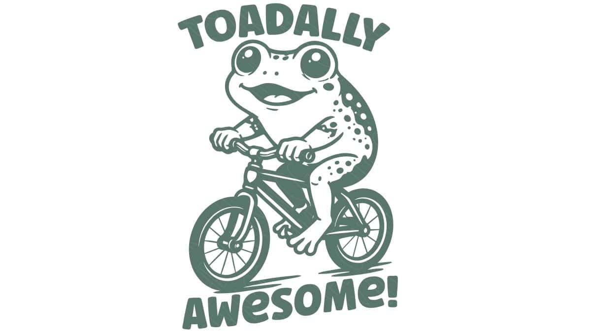 Toadally Awesome design featuring a cartoon frog riding a bicycle with playful text for Cricut and Silhouette crafting projects.