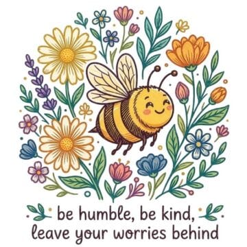 Colorful illustration of a smiling bee surrounded by flowers with the phrase “be humble, be kind, leave your worries behind” underneath.