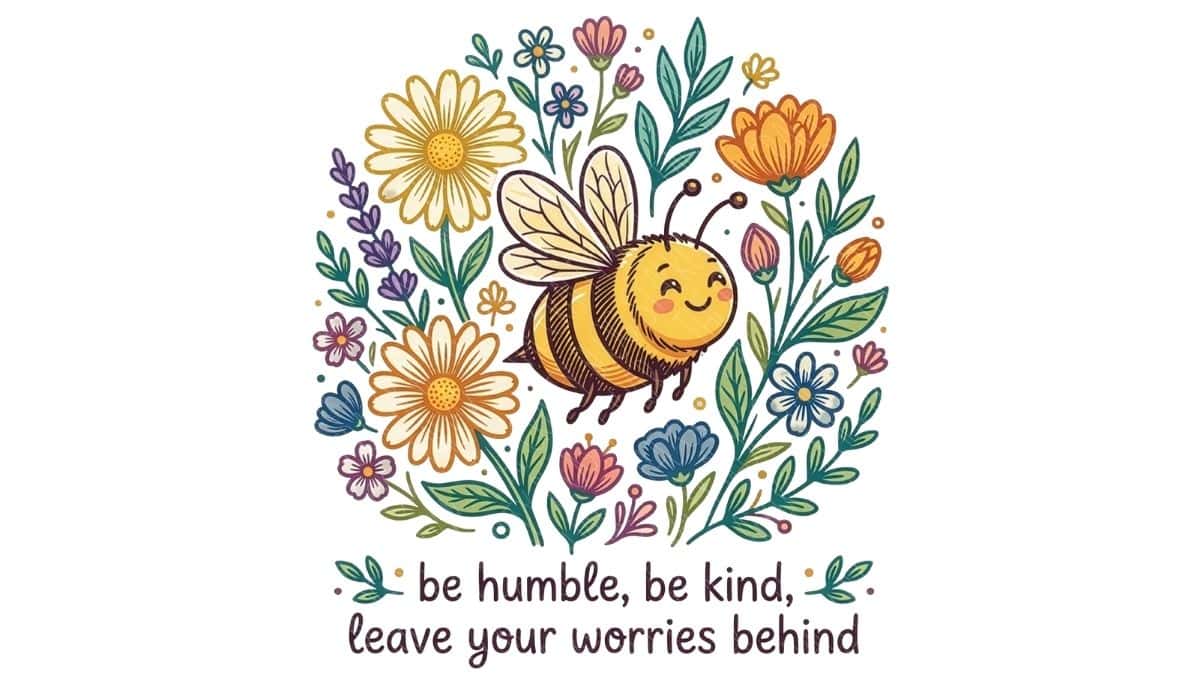 Colorful illustration of a smiling bee surrounded by flowers with the phrase
