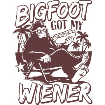 Bigfoot lounging in a beach chair holding a hot dog with the humorous phrase "Bigfoot Got My Wiener" in a beach-themed SVG design.
