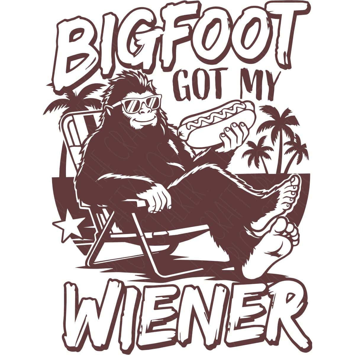Bigfoot lounging in a beach chair holding a hot dog with the humorous phrase "Bigfoot Got My Wiener" in a beach-themed SVG design.